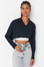 Trendyol Navy Blue Super Crop Long Sleeve Knitted Look Knitted Blouse