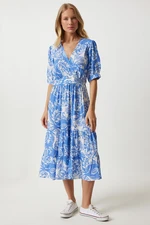 Happiness İstanbul Women's Blue Wrap Collar Floral Summer Viscose Dress