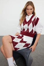 Trendyol Claret Red Crop Patterned/Jacquard Knitwear Bottom-Top Set