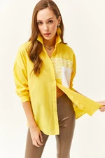 Olalook Women's Yellow Pocket Detailed Oversize Woven Shirt