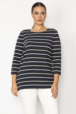 Şans Women's Plus Size Black Crewneck Striped Tunic