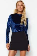 Trendyol Navy Blue Velvet Stand Up Collar Slim Fit Long Sleeve Knitted Blouse