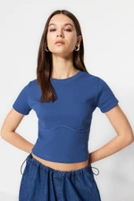 Trendyol Indigo Pile Detailed Crew Neck Crop Corduroy Knitted Stretch Blouse