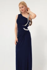 Lafaba Women's Navy Blue Stone Strap Long Evening Dress