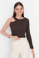 Trendyol Brown Color Block Cut Out Detailed Fitted/Skinned Ribbed Stretch Knit Blouse