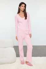 Trendyol Pink Lace and Ribbon/Bow Detailed Ribbed Knitted Pajama Set