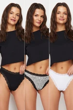 Trendyol Black-White-Leopard 3-Pack Cotton Lace Detailed Thong Knitted Panties