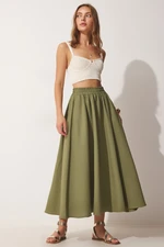 Happiness İstanbul Women's Khaki Pocket Linen Flared Skirt