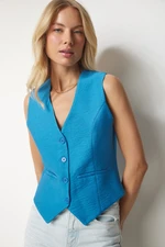 Happiness İstanbul Women's Blue V-Neck Elegant Ayrobin Vest