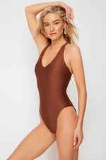 Trendyol Brown V-neck Backless High Leg Regular Swimsuit