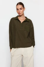 Trendyol Khaki Contrast Fabric Detailed Pocket Polo Neck Regular/Regular Fit Knitted Sweatshirt