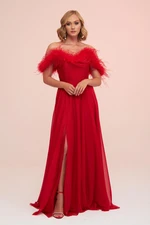 Carmen Red Chiffon Feathered Slit Long Evening Dress