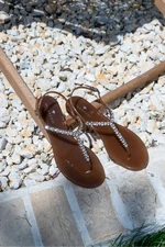 NİŞANTAŞI SHOES Lassie Earth Color Stone Detail Ankle Tied Flat Sole Women's Sandals