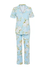 Trendyol Curve Blue Floral Patterned Shirt Collar Knitted Pajama Set