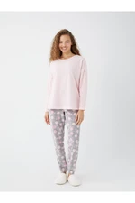 LC Waikiki Women's Crew Neck Patterned Long Sleeve Fleece Pajamas Set