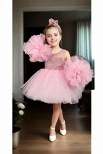 N4732 Dewberry Chiffon Sequined Girls Evening Dress-PINK