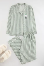 Trendyol Curve Mint Striped Shirt Collar Piping Knitted Pajamas Set