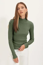 Trendyol Khaki Fitted/Body-Sit Stand Collar Long Sleeve Elastic Ribbed Knitted Blouse