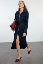 Trendyol Navy Blue Zippered Pocket Detailed Gabardine Fabric Midi Woven Shirt Dress