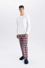 DEFACTO Men's Pajama Set Crew Neck Long Sleeve Basic Plain Top Plaid Elastic Waist Bottom