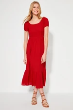 Trendyol Red Carmen Collar A-Line Maxi pletené šaty