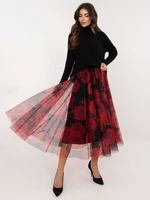 Red and black floral tulle midi skirt