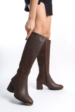 Capone Outfitters Oval Toe Side Zipper Coffee Heeled Women's Boots