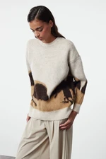 Trendyol Beige Soft Texture Color Block Crew Neck Knitwear Sweater