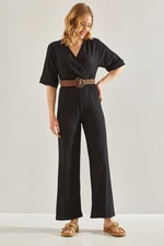 Bianco Lucci Women's Double Breasted Collar Belted Jumpsuit