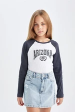 DEFACTO Girls Crew Neck Text Printed Ribbon Long Sleeve T-Shirt