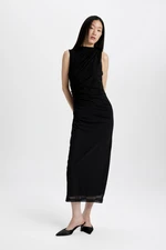 DEFACTO Bodycon Bodycon Half Turtleneck Basic Plain Tulle Sleeveless Maxi Black Dress