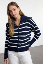 Trendyol Navy Blue Wide Cut Turn-down Collar Zippered Knitwear Cardigan