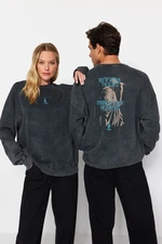 Trendyol Anthracite Oversize/Wide Cut 100% Cotton Faded Effect Mystical Themed Sweatshirt