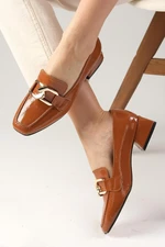 Mio Gusto Carolyn Tan Patent Leather Flat Toe Buckle Women's Short Heeled Shoes with Accessory.