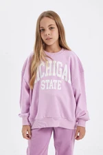 DEFACTO Girl's Purple Relax Fit Crew Neck Printed Sweatshirt