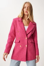 Happiness İstanbul Women's Dark Pink Buttoned Blazer Tweed Jacket