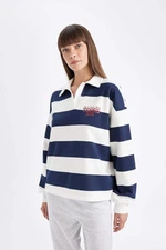 DEFACTO Relax Fit Polo Collar Printed Striped Thick Fabric Sweatshirt