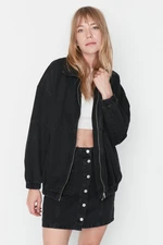 Trendyol Czarna rozpinana kurtka jeansowa oversize bomber