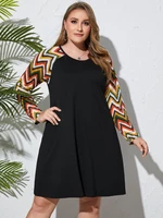 Plus Size Patchwork Side Pocket Long Sleeves Dress