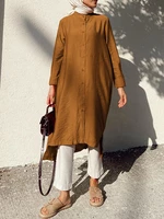 Women Solid Knee Length Button Up Long Sleeve High-low Hem Kaftan Robe Dress