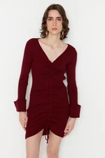 Trendyol Claret Red Mini Knitwear V-Neck Dress