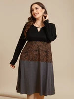 Plus Size Crew Neck Leopard Cut Out Patchwork Design Long Sleeves Dress