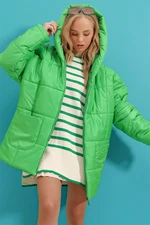 Trend Alaçatı Stili Women's Green Hoodie With Exterior Pocket Puffer Fashion Oversize Puffy Coat