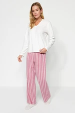 Trendyol White Striped Fleece Winter Knitted Pajamas Set