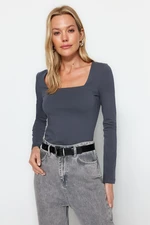 Trendyol Anthracite Cotton Square Neck Regular Fit Knitted Blouse