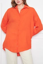 armonika Women's Orange Oversize Textured Linen Look Wide Cuff Shirt