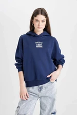 DEFACTO Women's Navy Blue Cool Oversize Fit Wide Pattern Hooded Printed Sweatshirt