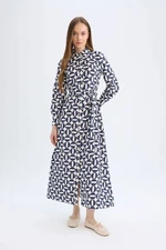 DEFACTO Shirt Collar Patterned Button Closure Belted Long Sleeve Maxi Dress