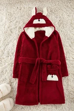 Trendyol Burgundy Belted Animal Figure Pocketed Wellsoft Winter Knitted Dressing Gown