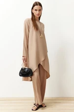 Trendyol Beige Asymmetrical Woven Tunic Trousers Bottom-Top Set